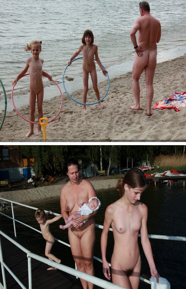 Mother and daughters nudists of a photo on the lake [WorldNudism]